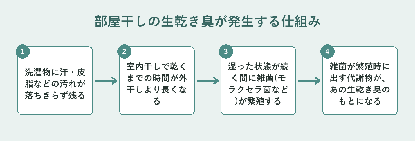 部屋干しの洗濯物に汚れが残り、湿った時間が長引くことで雑菌が繁殖し、生乾き臭が発生する仕組みの図解