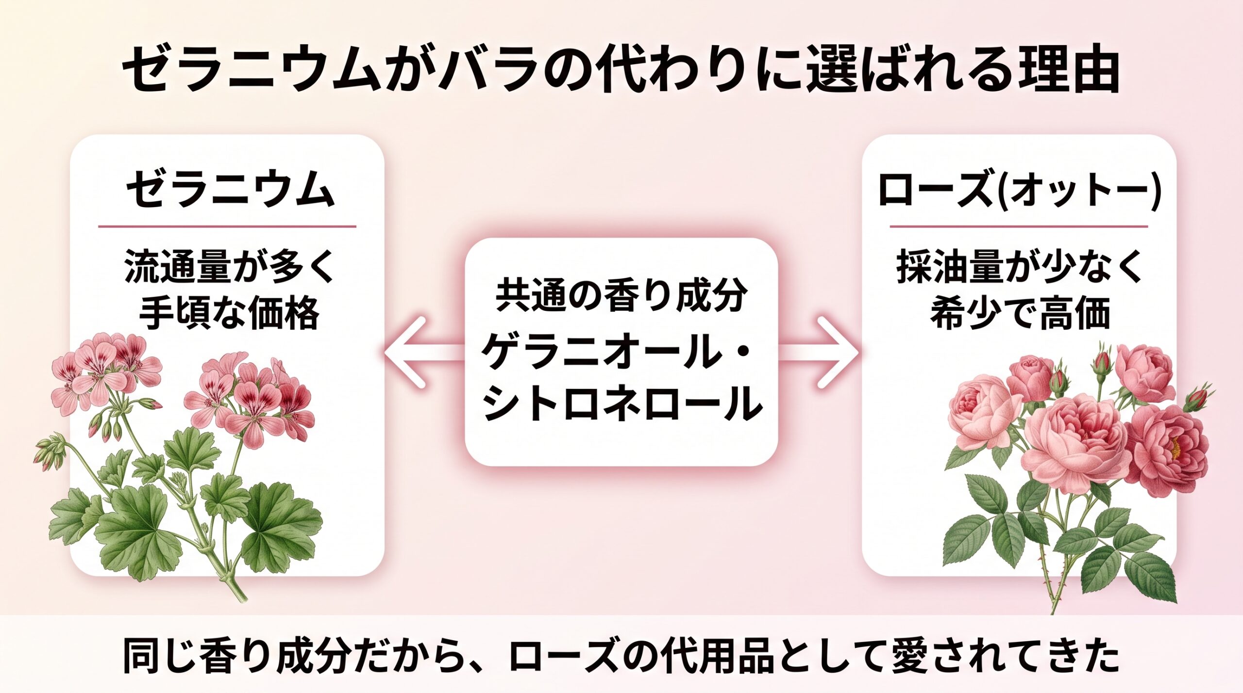 ゼラニウムとローズの共通成分ゲラニオール・シトロネロールから、ゼラニウムがバラの代用品として選ばれる理由を示すハブ&スポーク型のボタニカルアート風インフォグラフィック