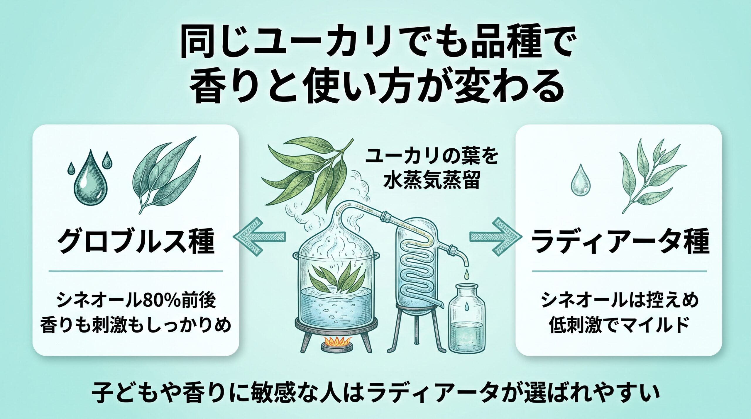 水蒸気蒸留したユーカリ精油が、1,8-シネオールの含有量によってグロブルス種とラディアータ種に分かれ、子どもにはラディアータが選ばれやすい流れを示すボタニカルアート風の比較インフォグラフィック